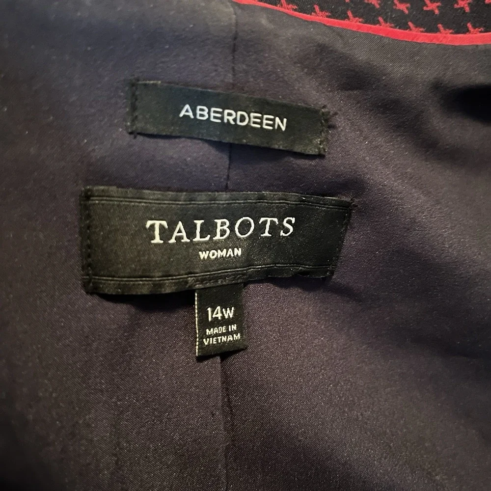 Talbots Aberdeen Knit 1 Button Blazer Jacket 14W‎ Navy Blue Red Mandarin Collar